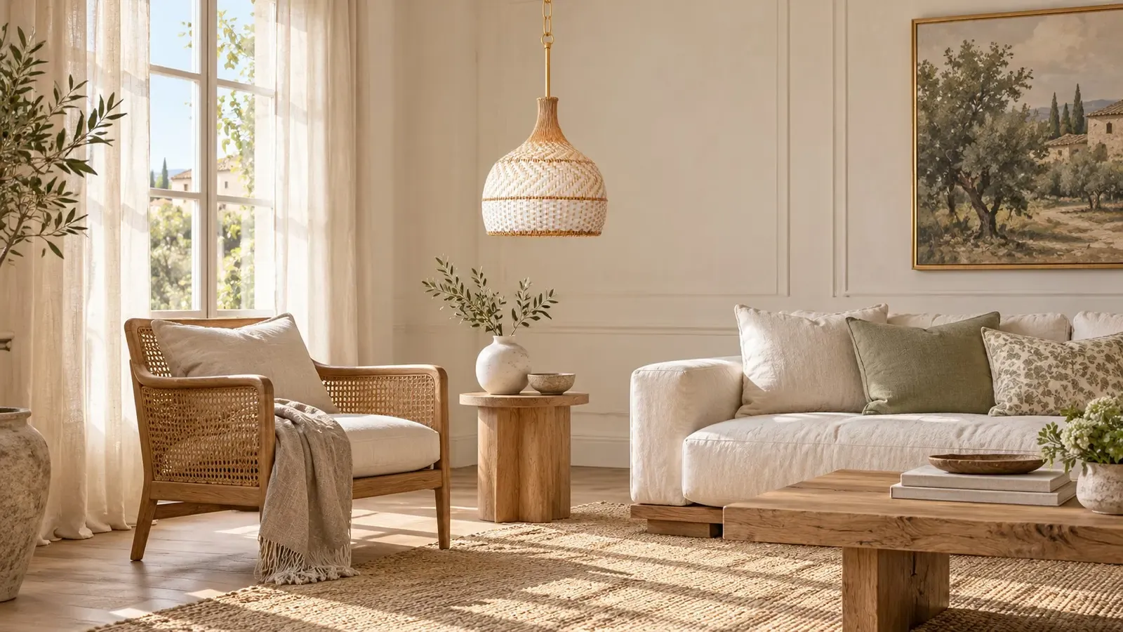 Two-tone rattan dome pendant unlit over a living room seating area in daylight