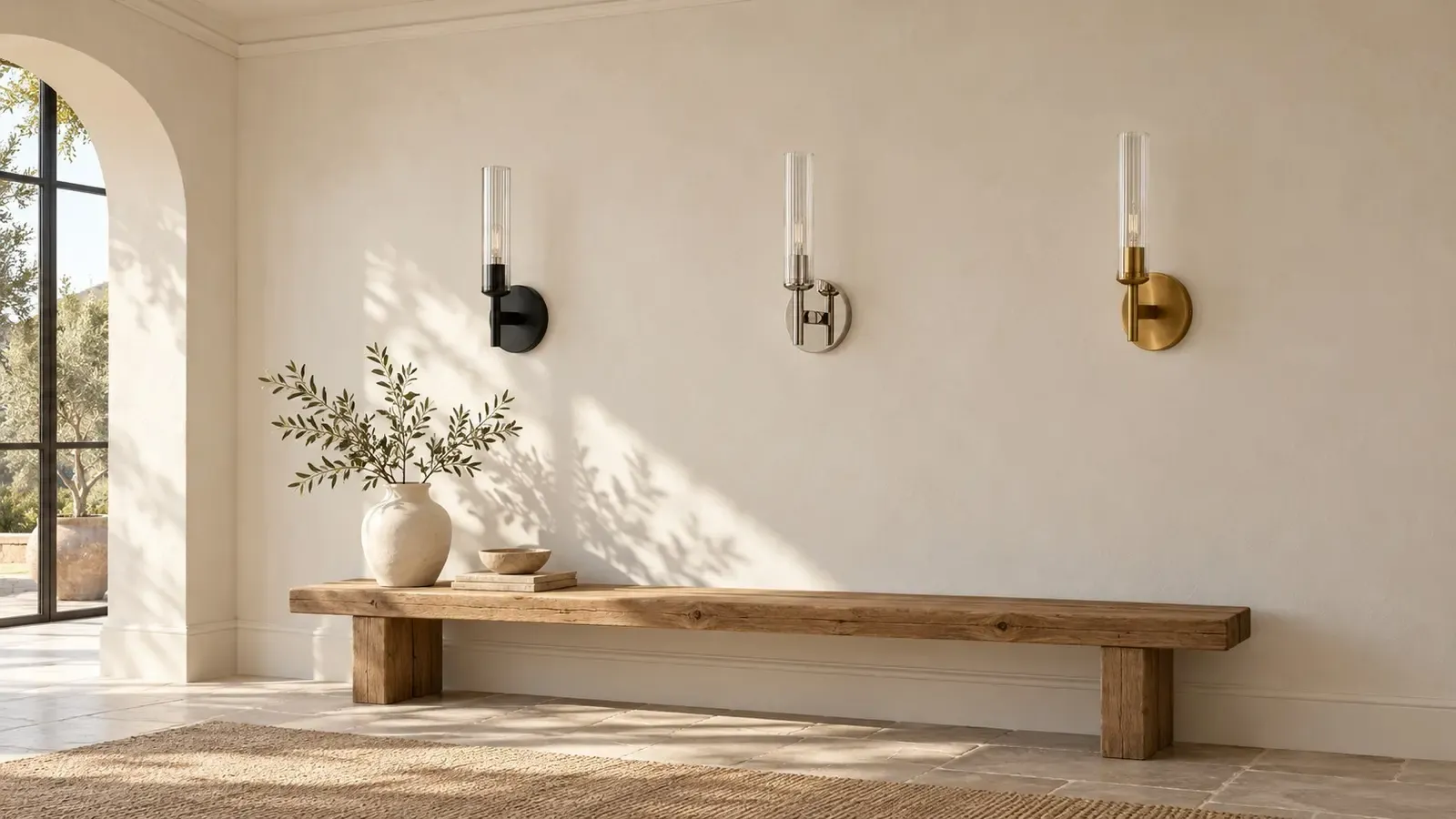 Three ribbed glass tube sconces in bronze, chrome, and brass, all unlit on a plaster hallway wall in daylight