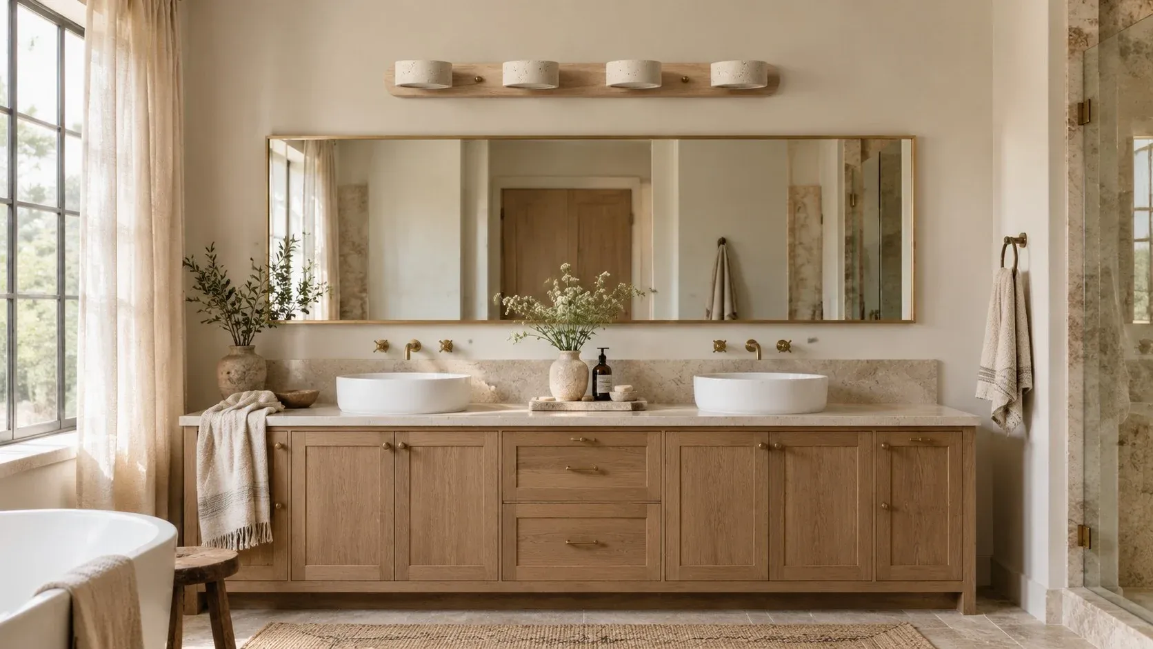 Four-light natural wood sconce unlit above a double vanity in daylight