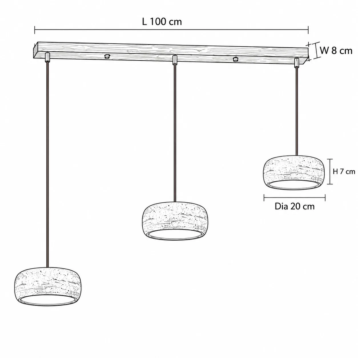 Dimension drawing, three rounded 20 cm shades on a 100 cm walnut bar