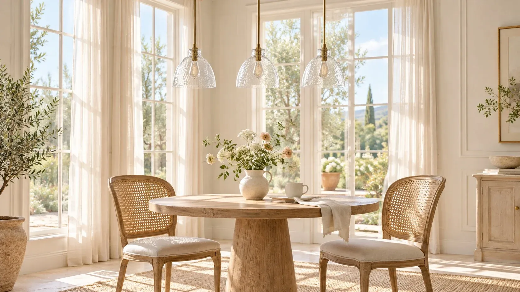 Three brass hammered-glass pendants unlit over a round dining table in daylight