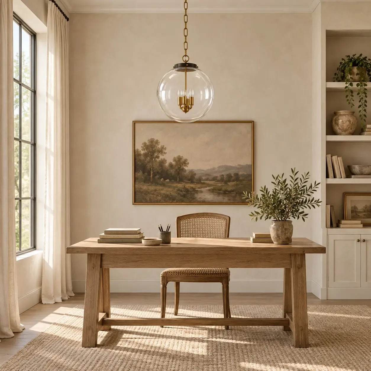 Clear glass globe pendant unlit over a wood desk in daylight