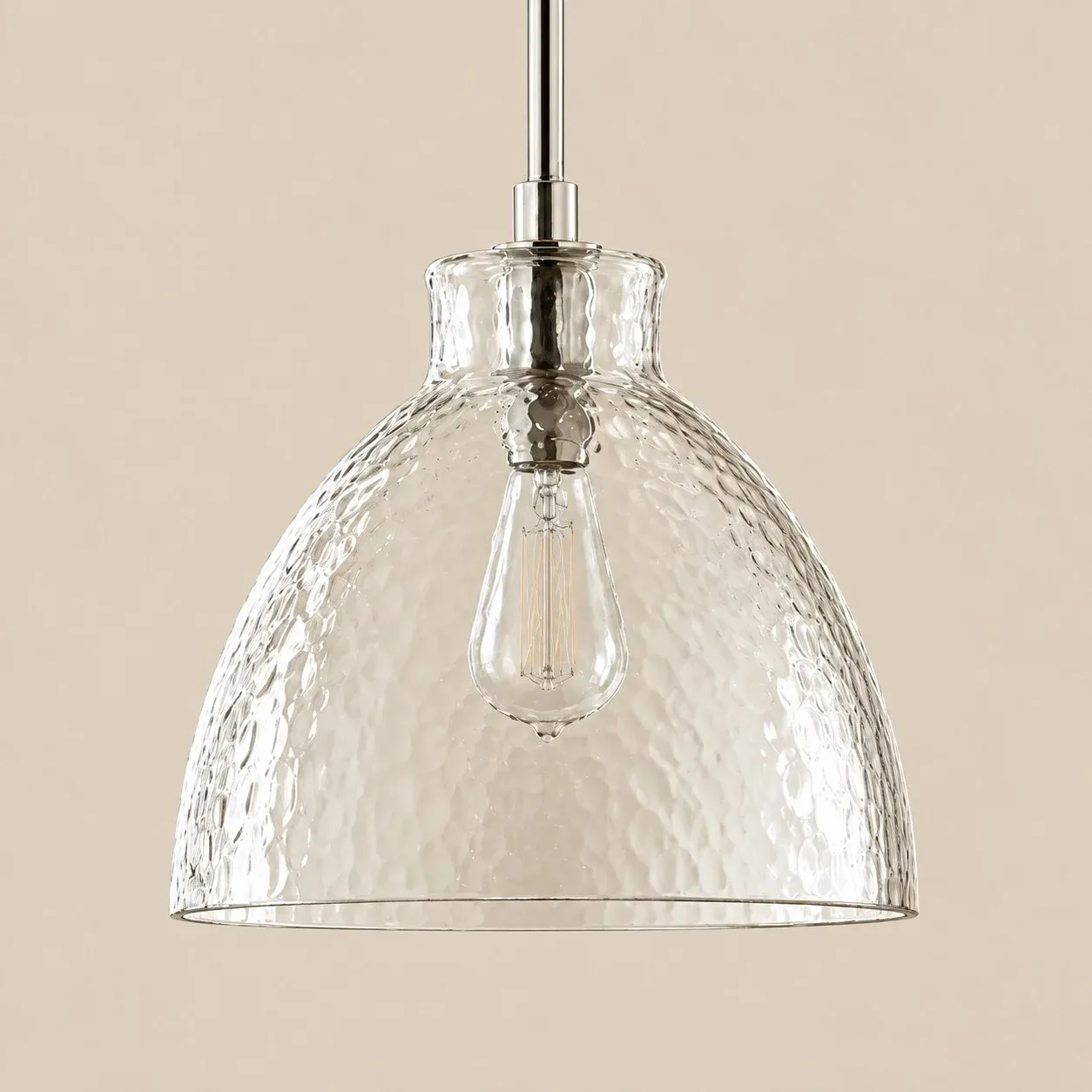 17 inch hammered glass bell pendant in Nickel