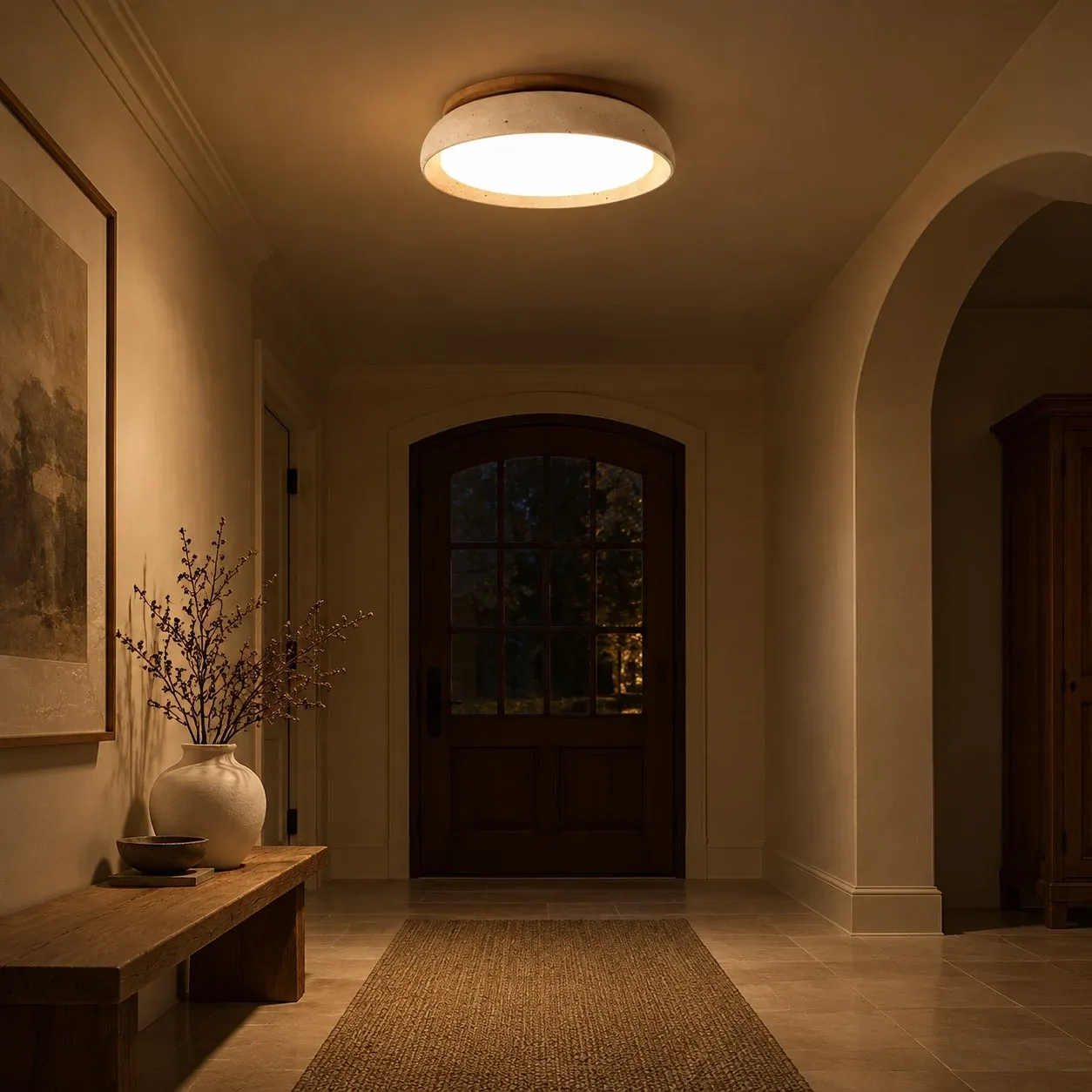 Travertine flush mount glowing in an entry at night