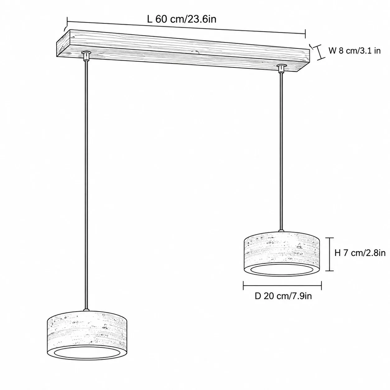 Dimension drawing, two cylindrical 20 cm shades on a 60 cm walnut bar