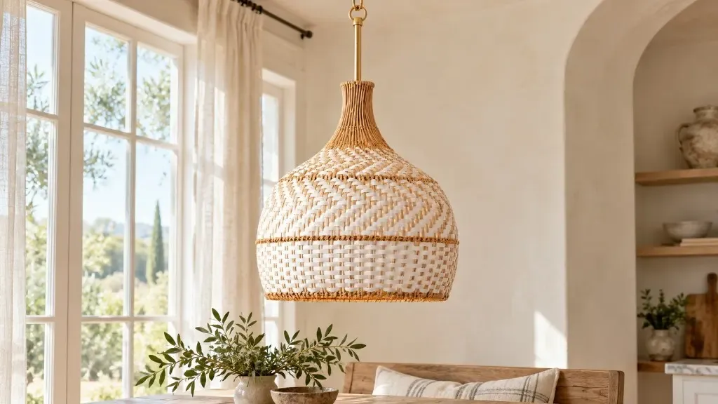 Two-tone rattan dome pendant unlit over a wood dining table by a window in daylight