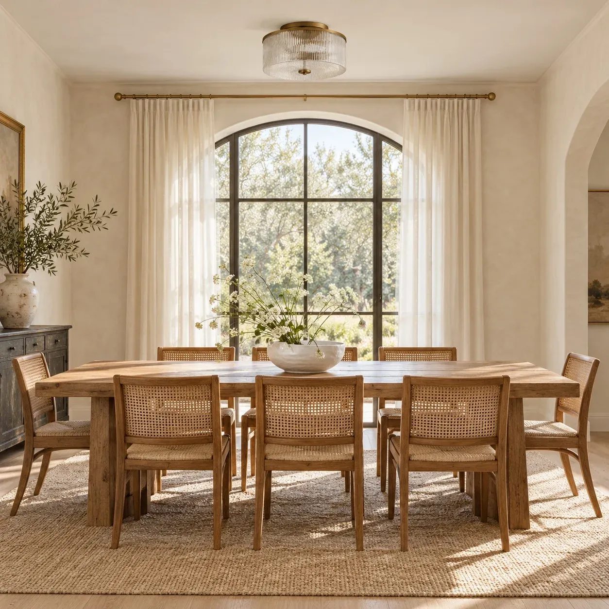Brass ribbed glass drum ceiling light unlit over a dining table in daylight
