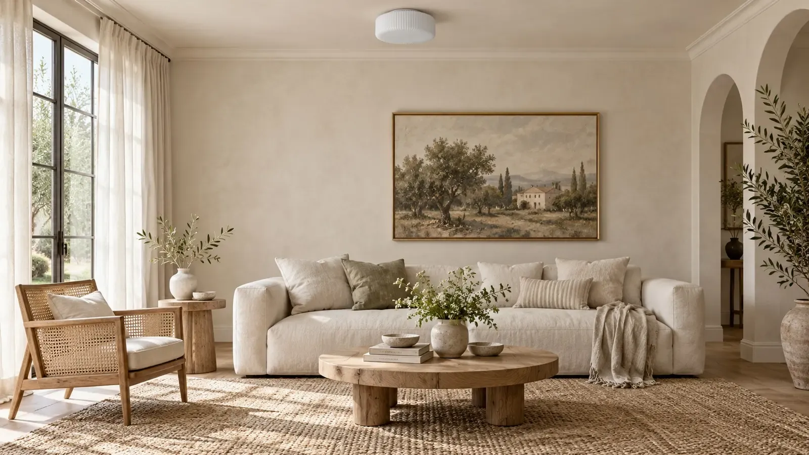 Opaline ribbed flush-mount unlit in a bright living room with a cream sofa