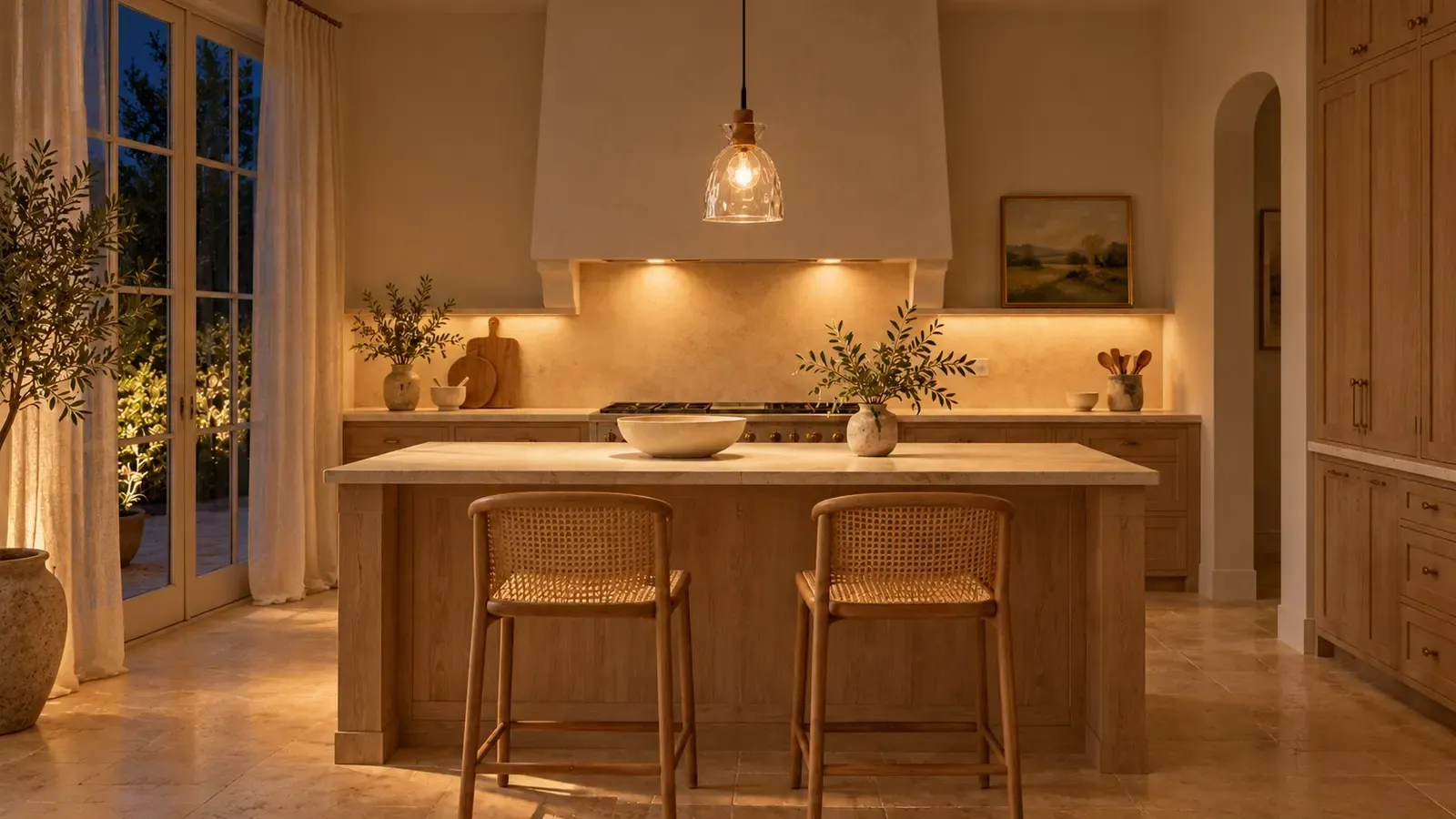The same hammered glass bell pendant lit over the kitchen island at night