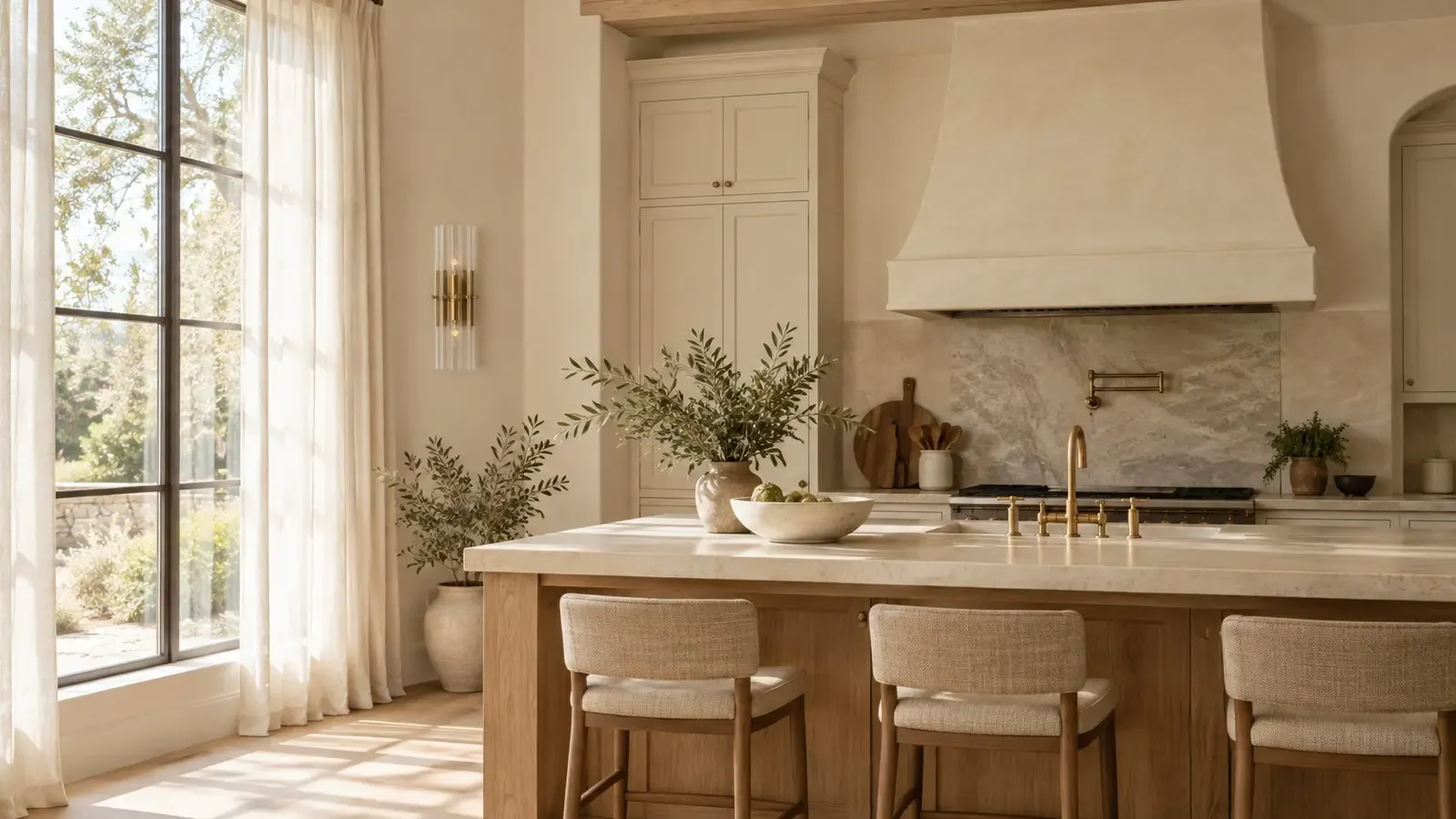 Tumbled brass 2-light ribbed crystal sconce unlit beside a kitchen window in daylight