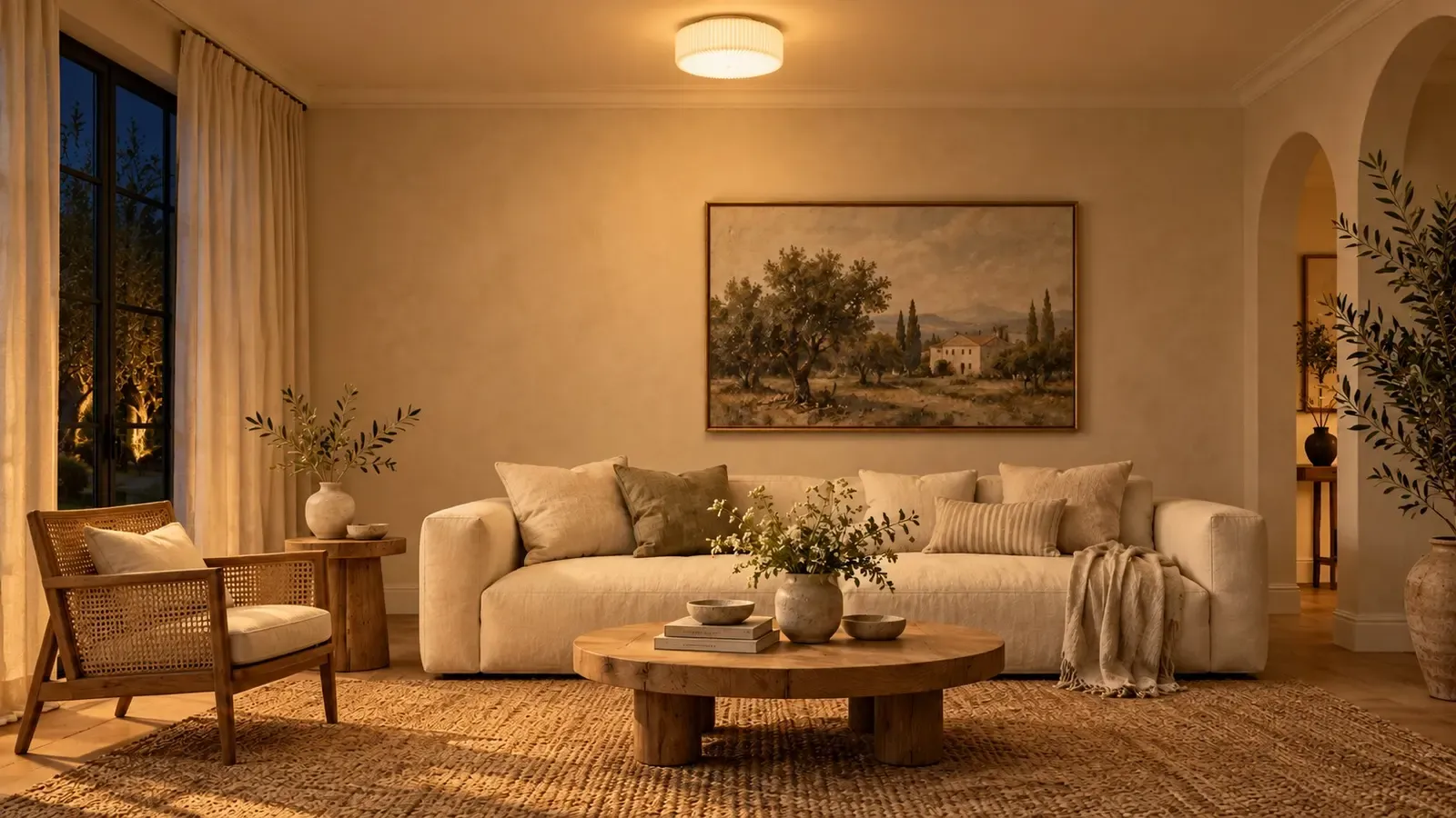The same living room at night with the flush-mount lit and warm glow on the ceiling