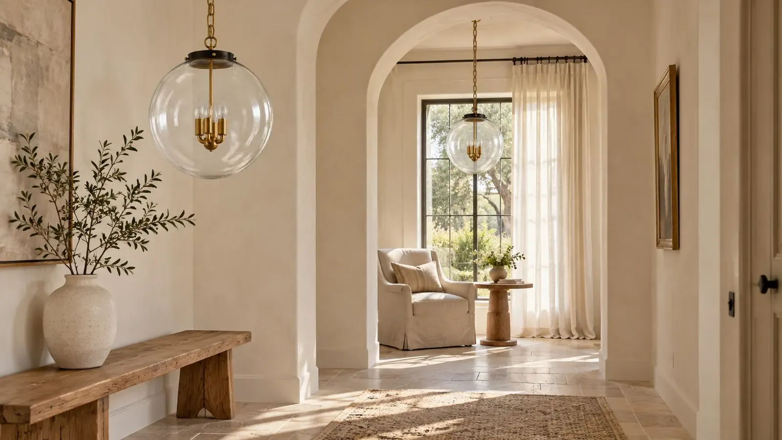 Two clear glass globe pendants unlit in a daylight entry, a larger one by a bench and a smaller one beyond an arch