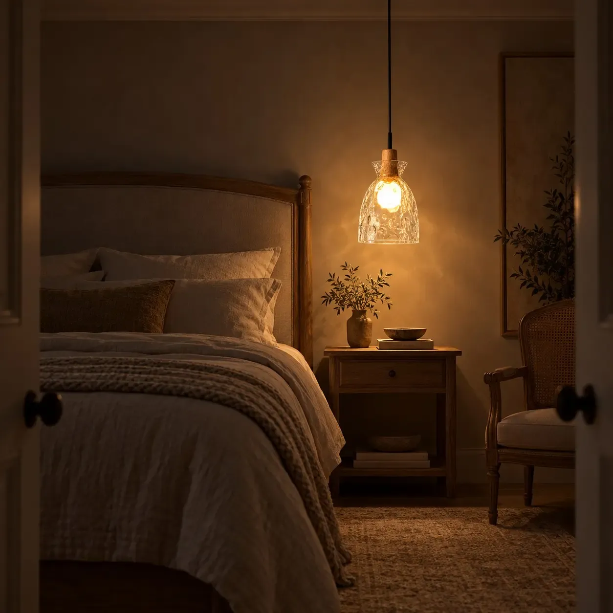 Hammered glass bell pendant lit beside a bed at night