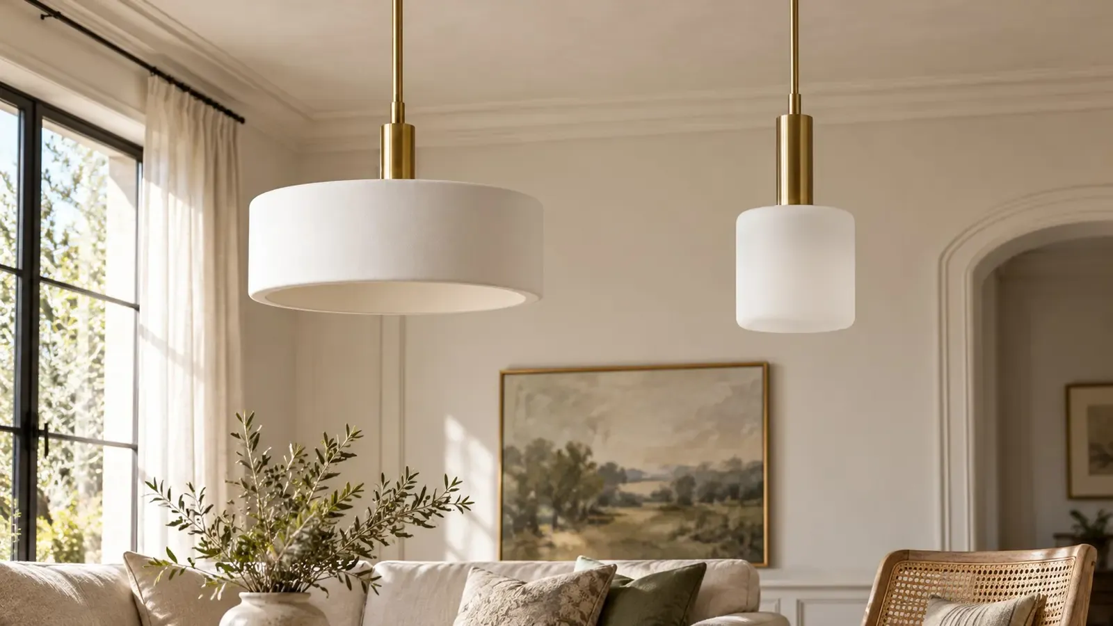 14 inch porcelain drum and 5 inch porcelain cylinder hanging side by side, unlit, in a daylight living room