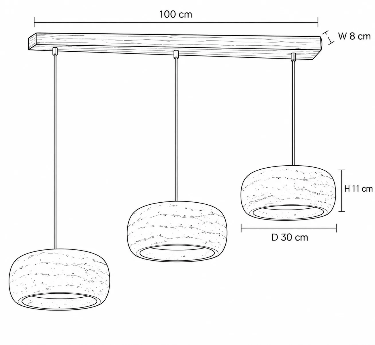 Dimension drawing, three rounded 30 cm shades on a 100 cm walnut bar