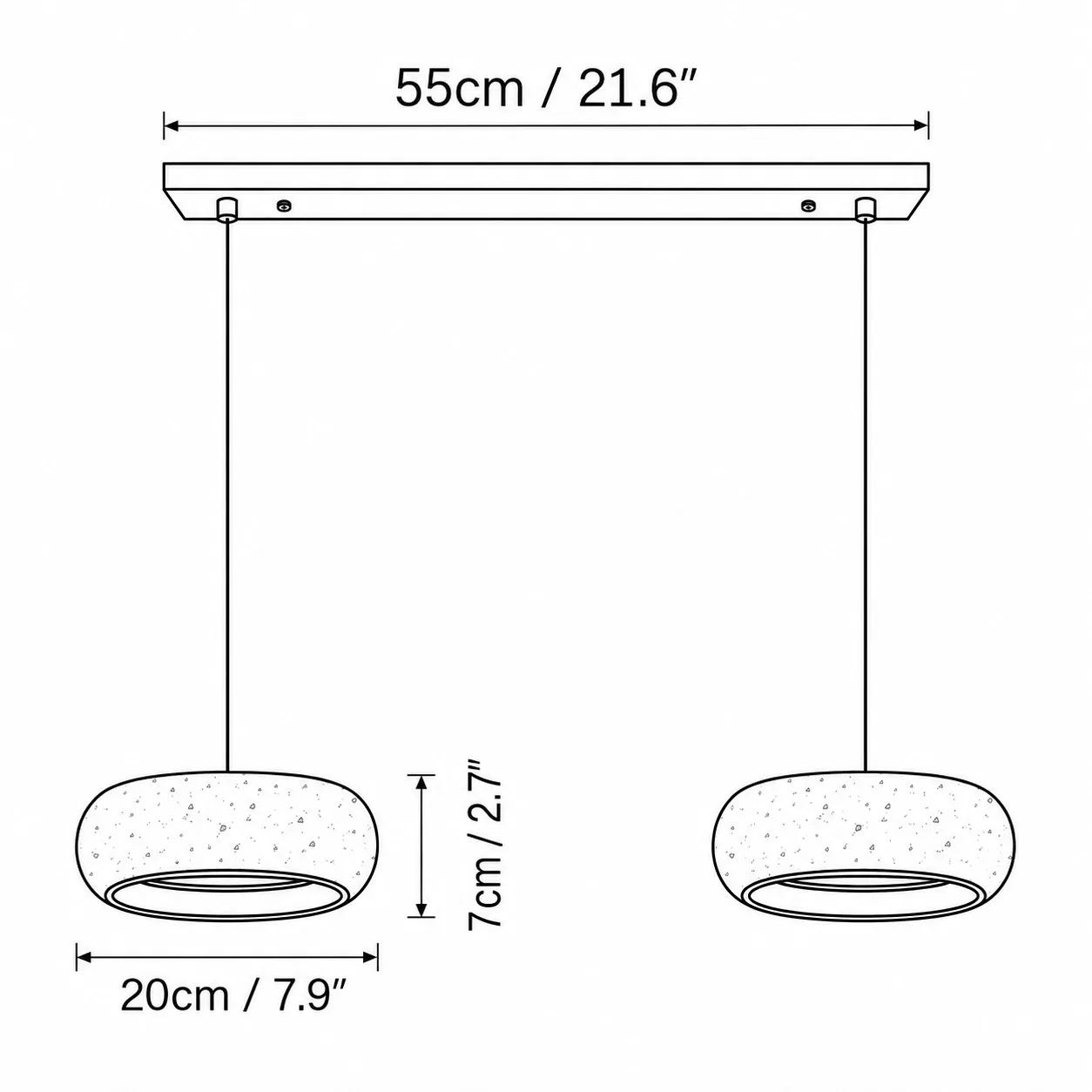 Dorvena 2-head size diagram, canopy 55 cm, shade diameter 20 cm