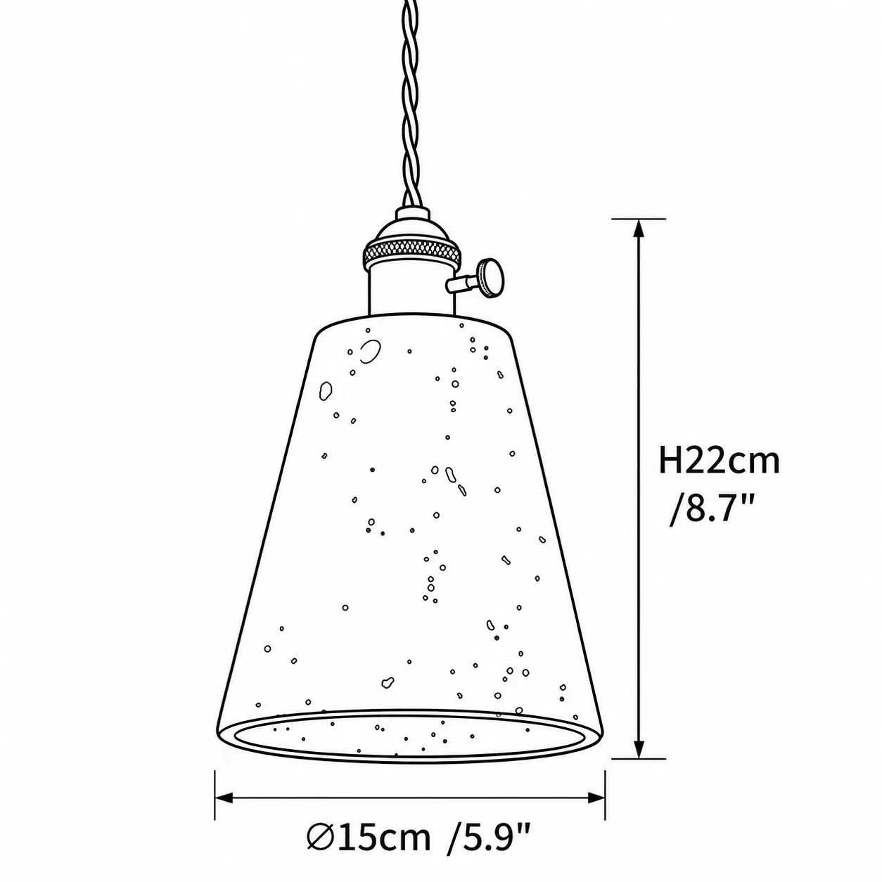 Model D size diagram, diameter 15 cm, height 22 cm