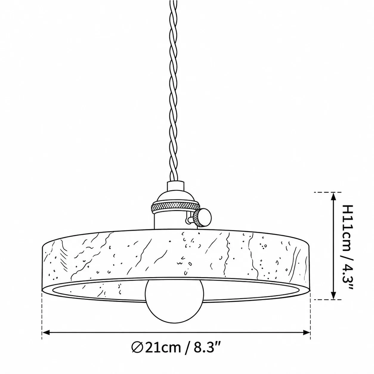 Model E size diagram, diameter 21 cm, height 11 cm