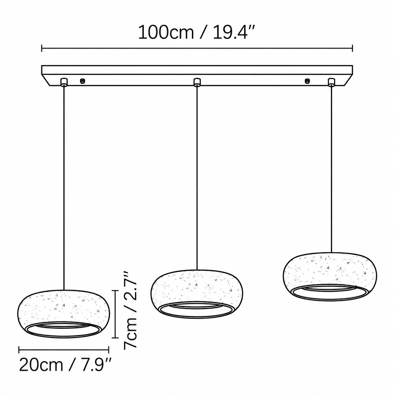 Dorvena 3-head size diagram, canopy 100 cm, shade diameter 20 cm