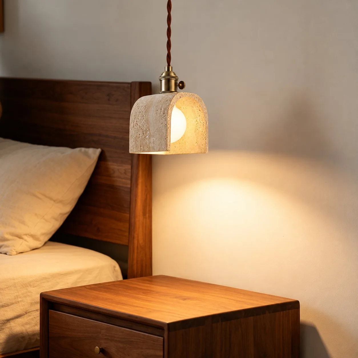 Arch travertine pendant beside a bed