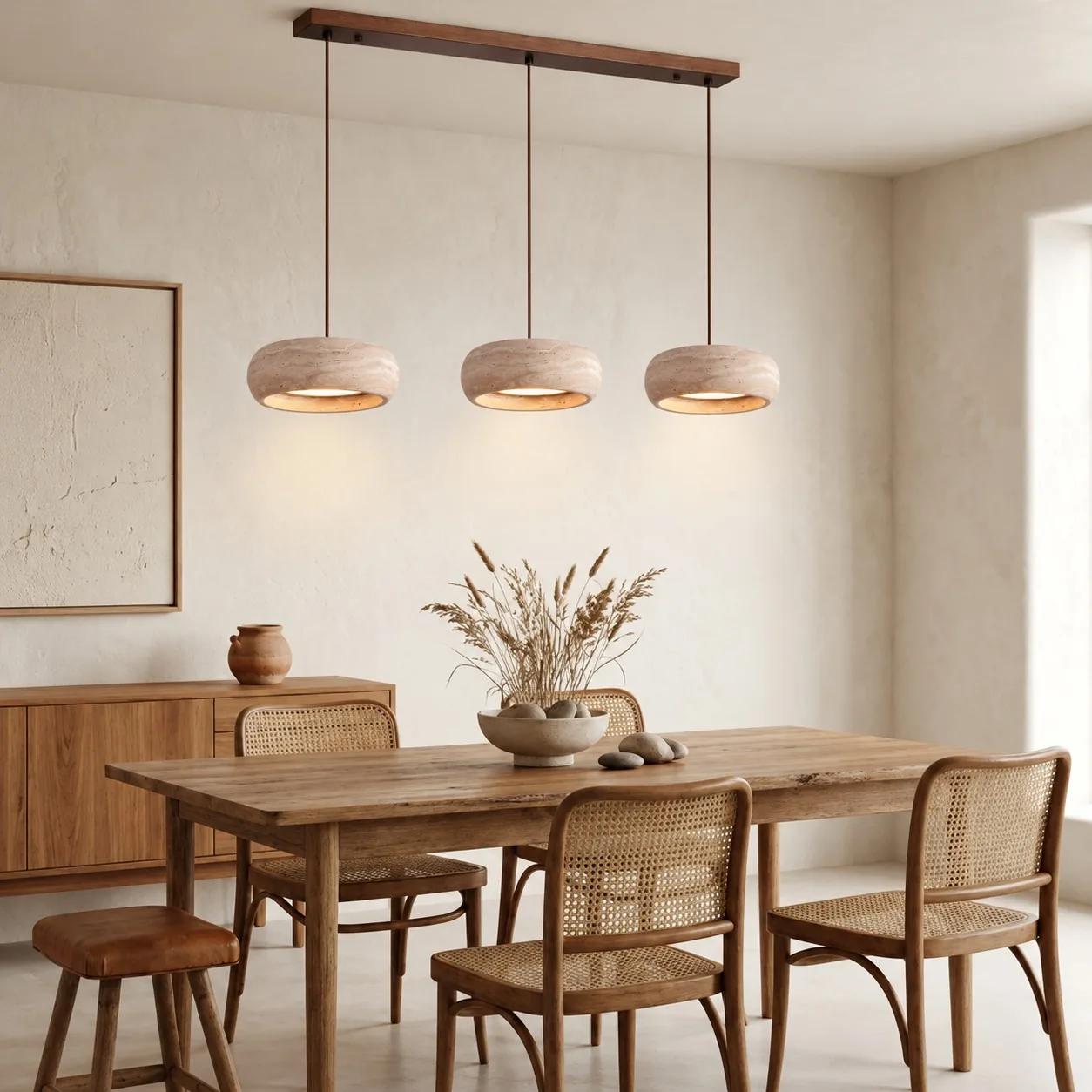 Three travertine drum pendants over a dining table
