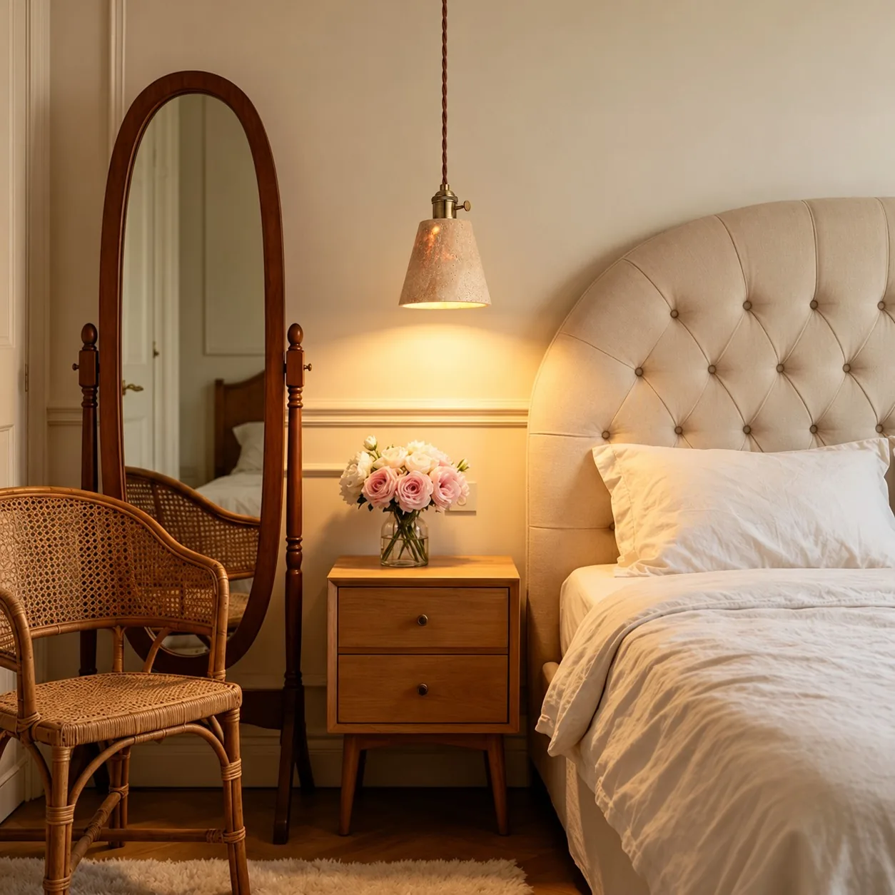 Cone travertine pendant beside a bedroom nightstand