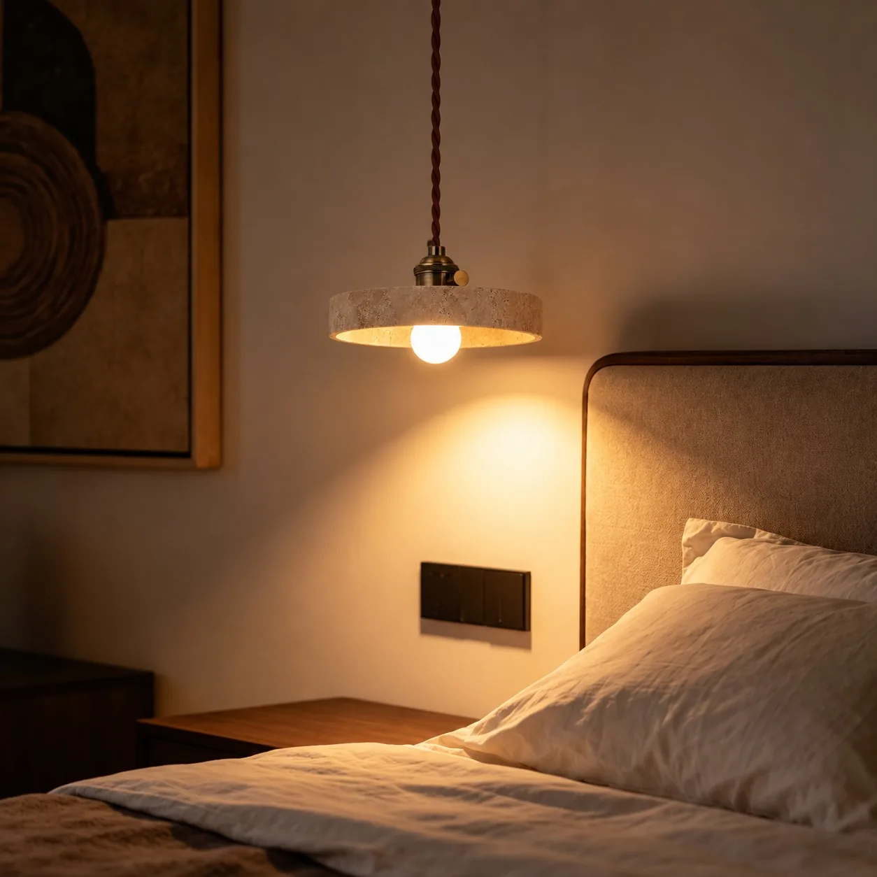 Disc travertine pendant above a bedside