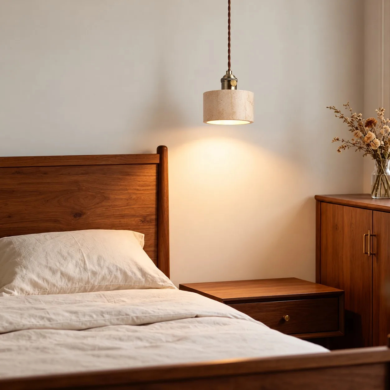 Cylinder travertine pendant beside a bed