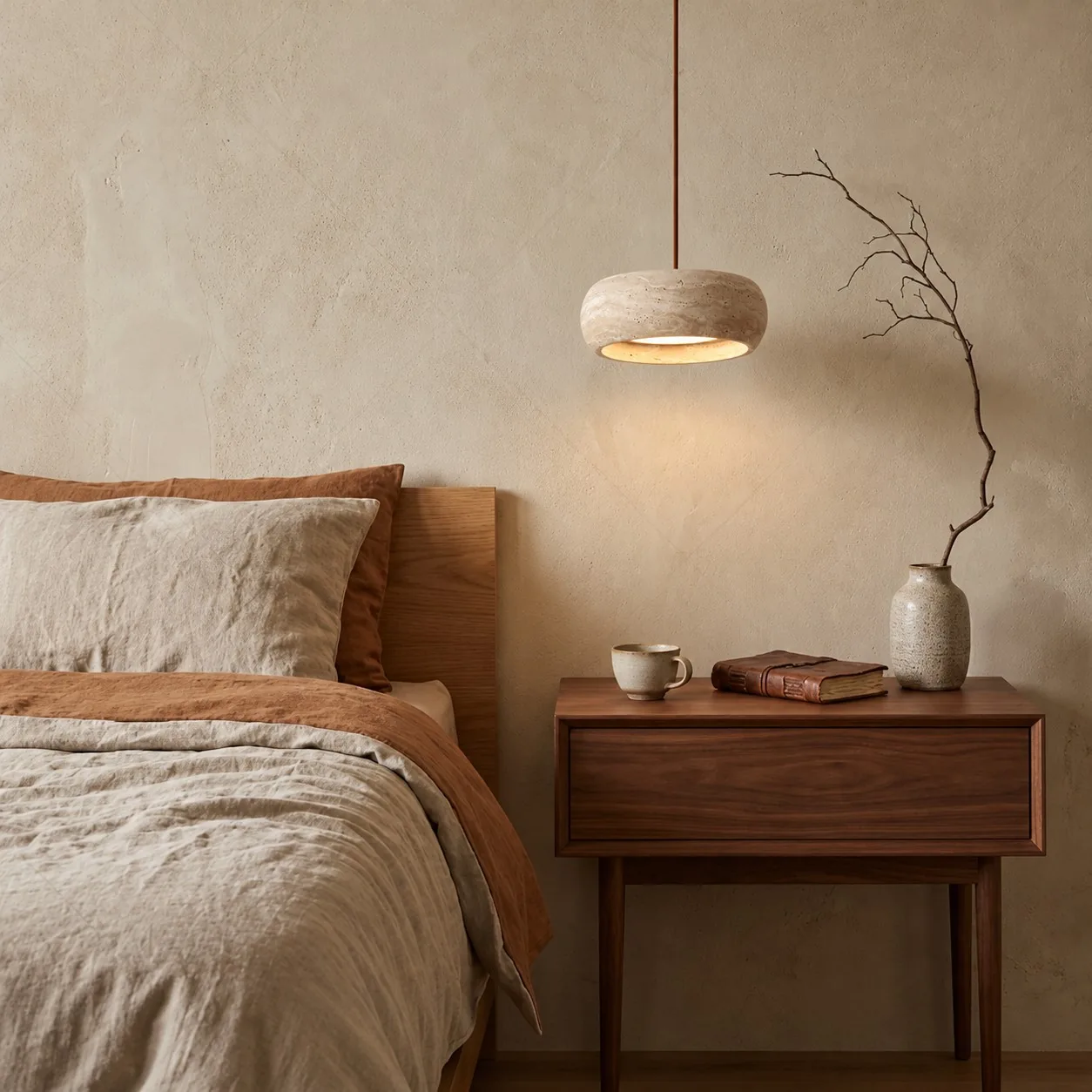 Single travertine drum pendant beside a bed