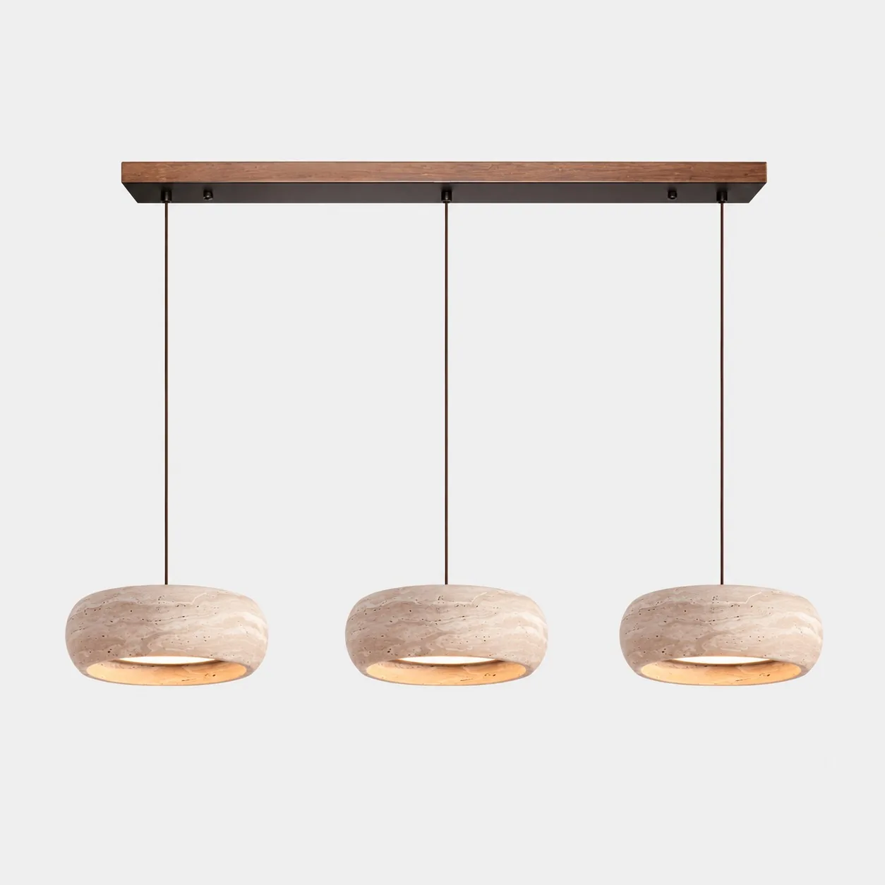 Dorvena 3-head travertine drum pendant with linear wood canopy