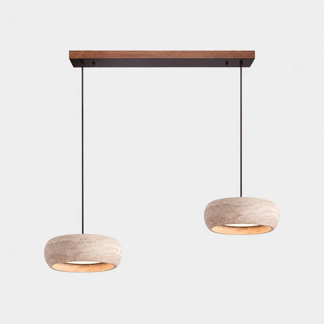 Dorvena 2-head travertine drum pendant with wood canopy
