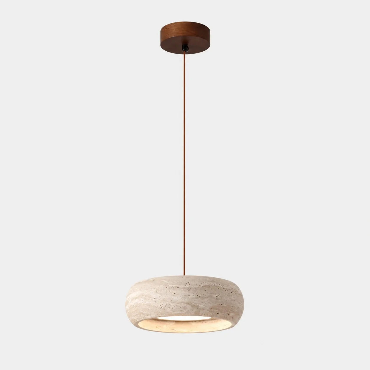 Dorvena 1-head travertine drum pendant with round wood canopy