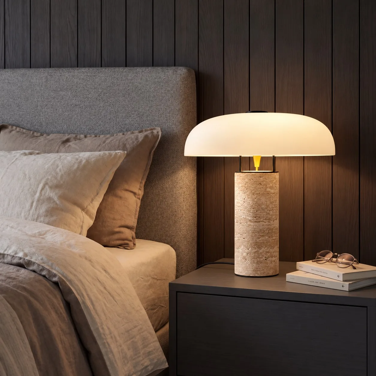 Travertine dome table lamp on a dark wood nightstand